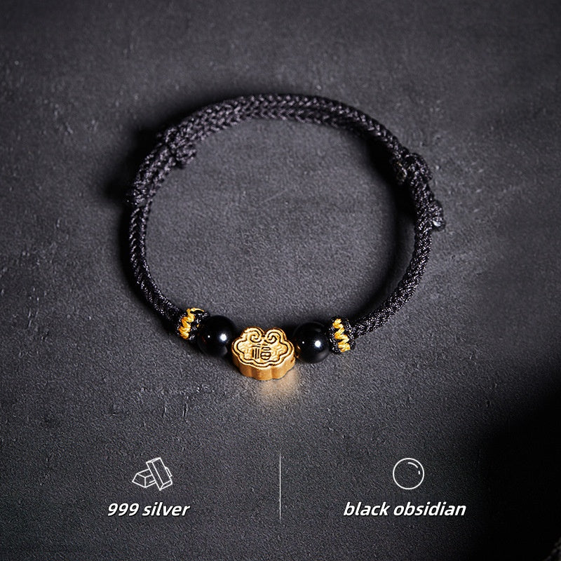 999 Sterling Silver & Obsidian Fortune Bracelet – Handmade Lucky Ruyi Knot Design