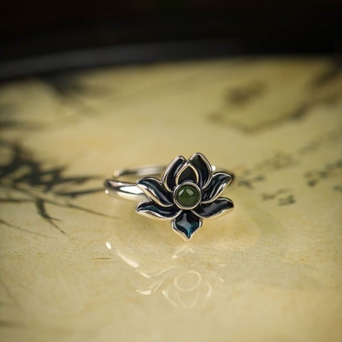 Graceful Harmony-Lotus S925 Silver Adjustable Ring