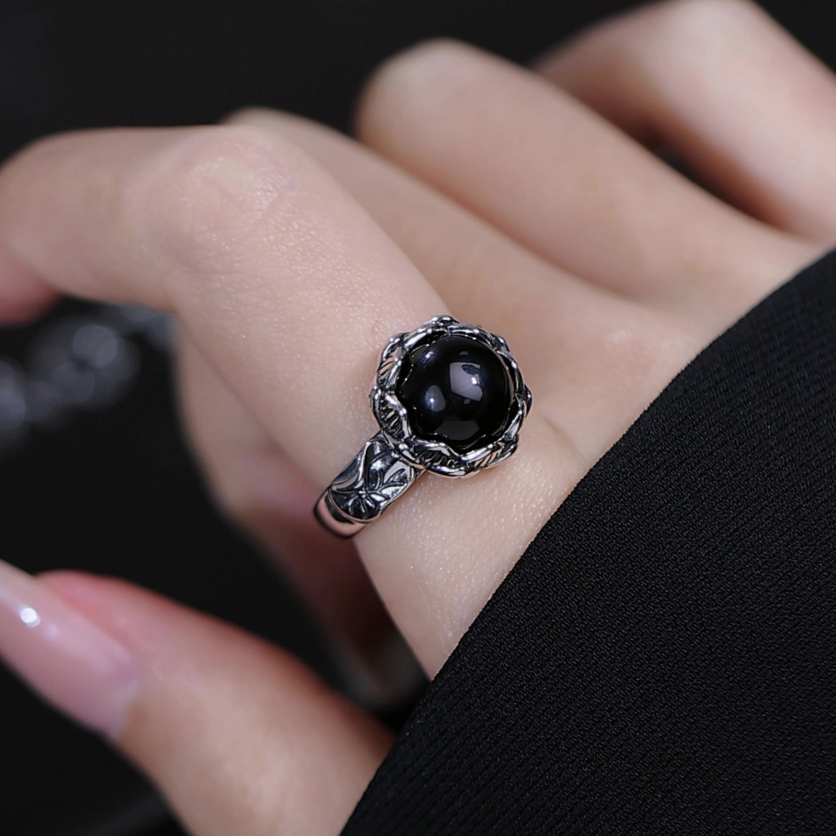 Bold at Heart-Black Agate Silver Ring