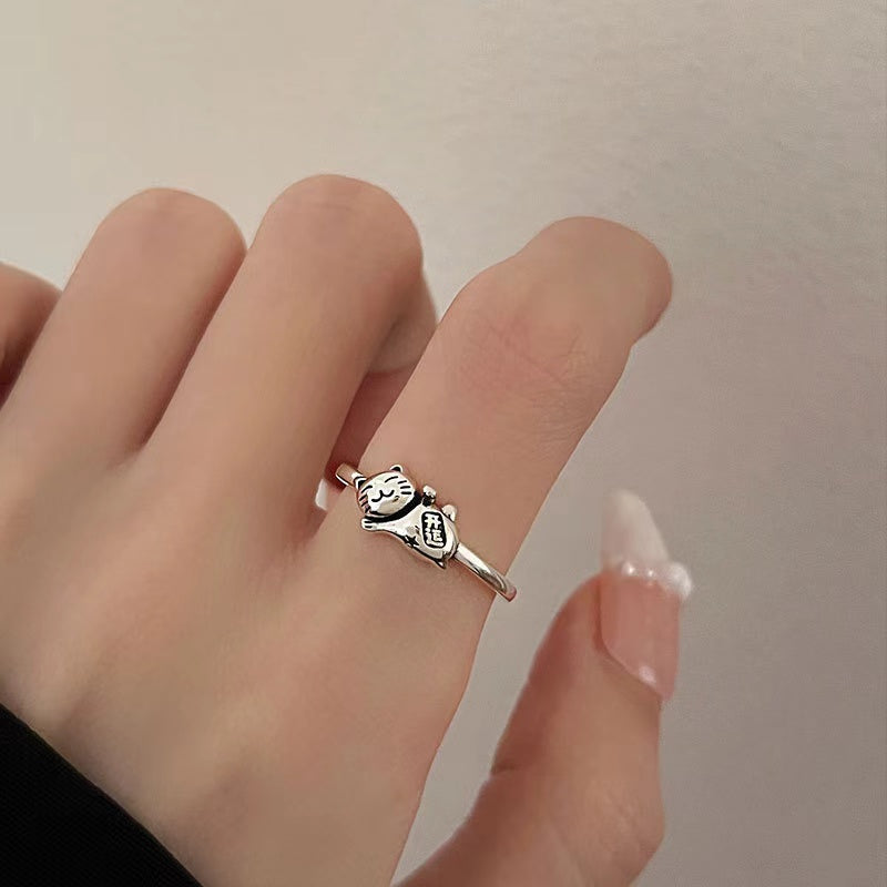 Maneki Neko Cat Silver Ring-Good Fortune and Luck