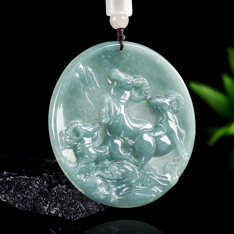 Grade A Blue Jadeite Goat Pendant – “Three Goats Bring Bliss” Carved Jade Amulet for Harmony & Prosperity