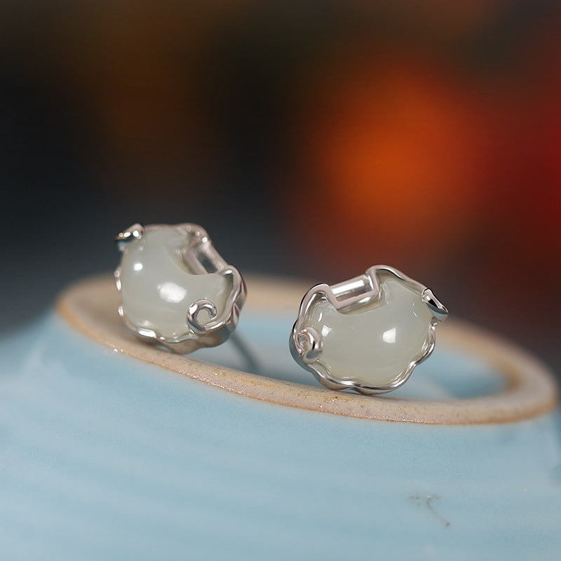 Peace Lock Nephrite Jade S925 Silver Stud Earrings-Held with Love