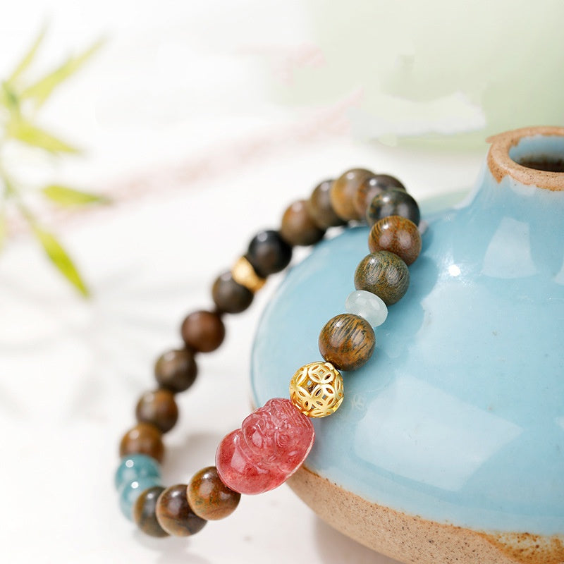 Strawberry Quartz Pixiu Green Sandalwood Bracelet-Verdant Echoes & Crimson Luck