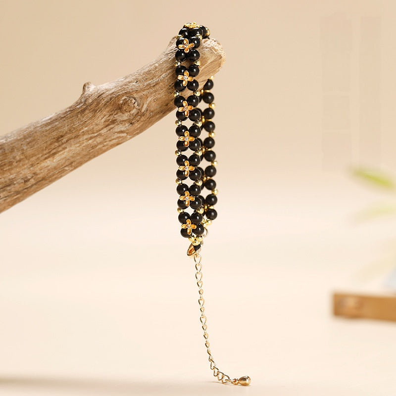 Quiet Fortune-Four-Leaf Clover Black Obsidian Bracelet