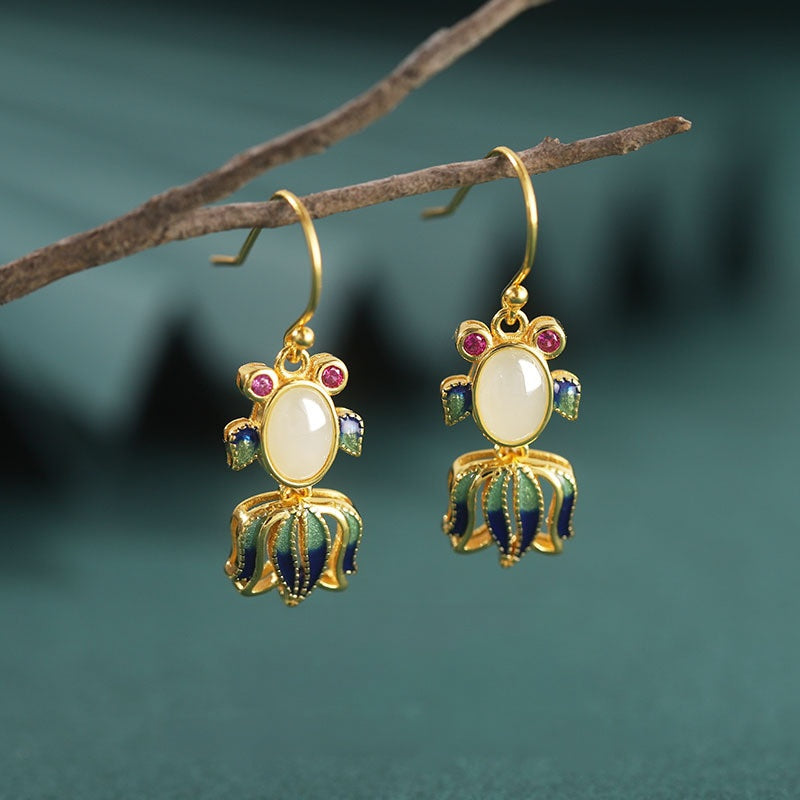 Koi Fish Nephrite Jade or Red Agate Drop Earrings-Wishes for Plenty