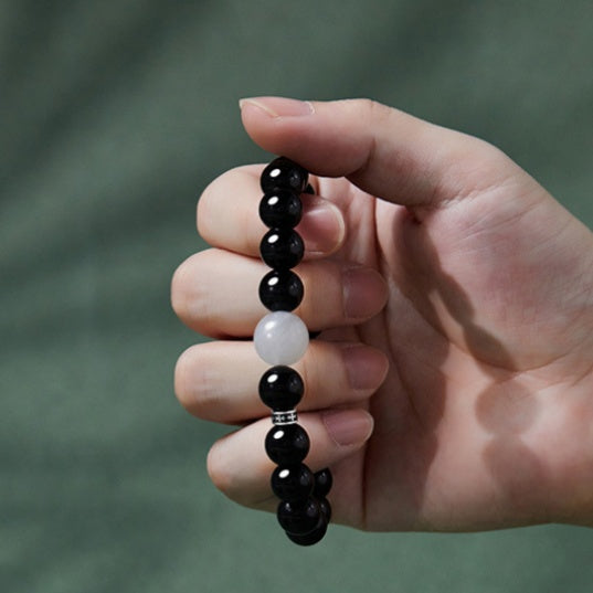 Obsidian & Cloud Quartz Bead Bracelet-Inner Completeness