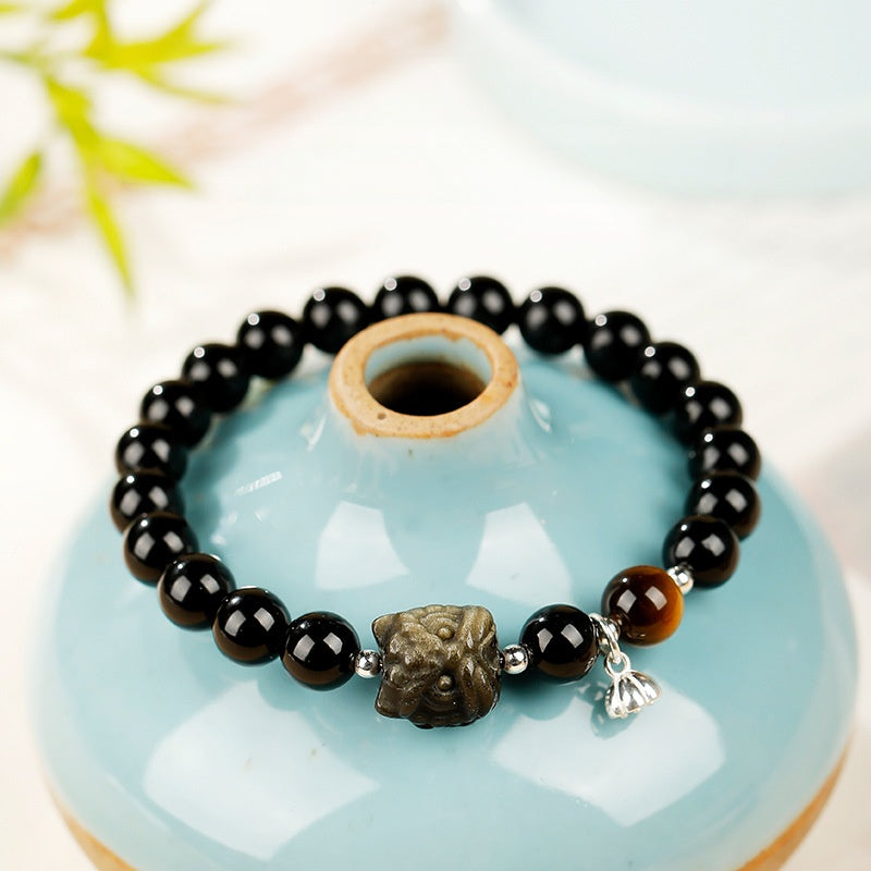 Gold Sheen Obsidian Lion Dance Head Tiger’s Eye Bracelet-Grounded Courage