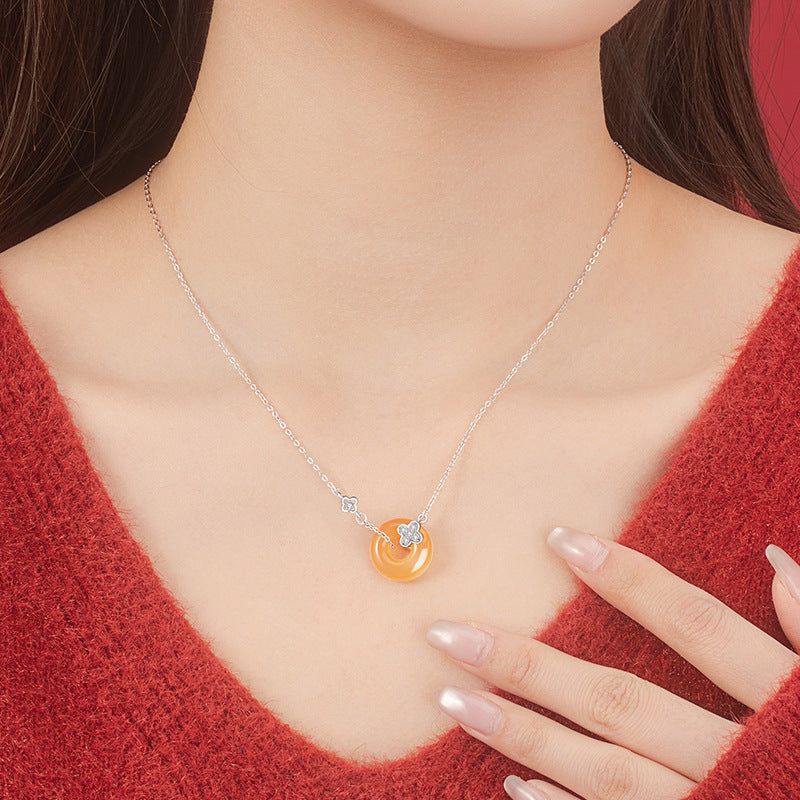 Four Leaf Clover Honey Orange Agate Necklace-Luck by Your Side