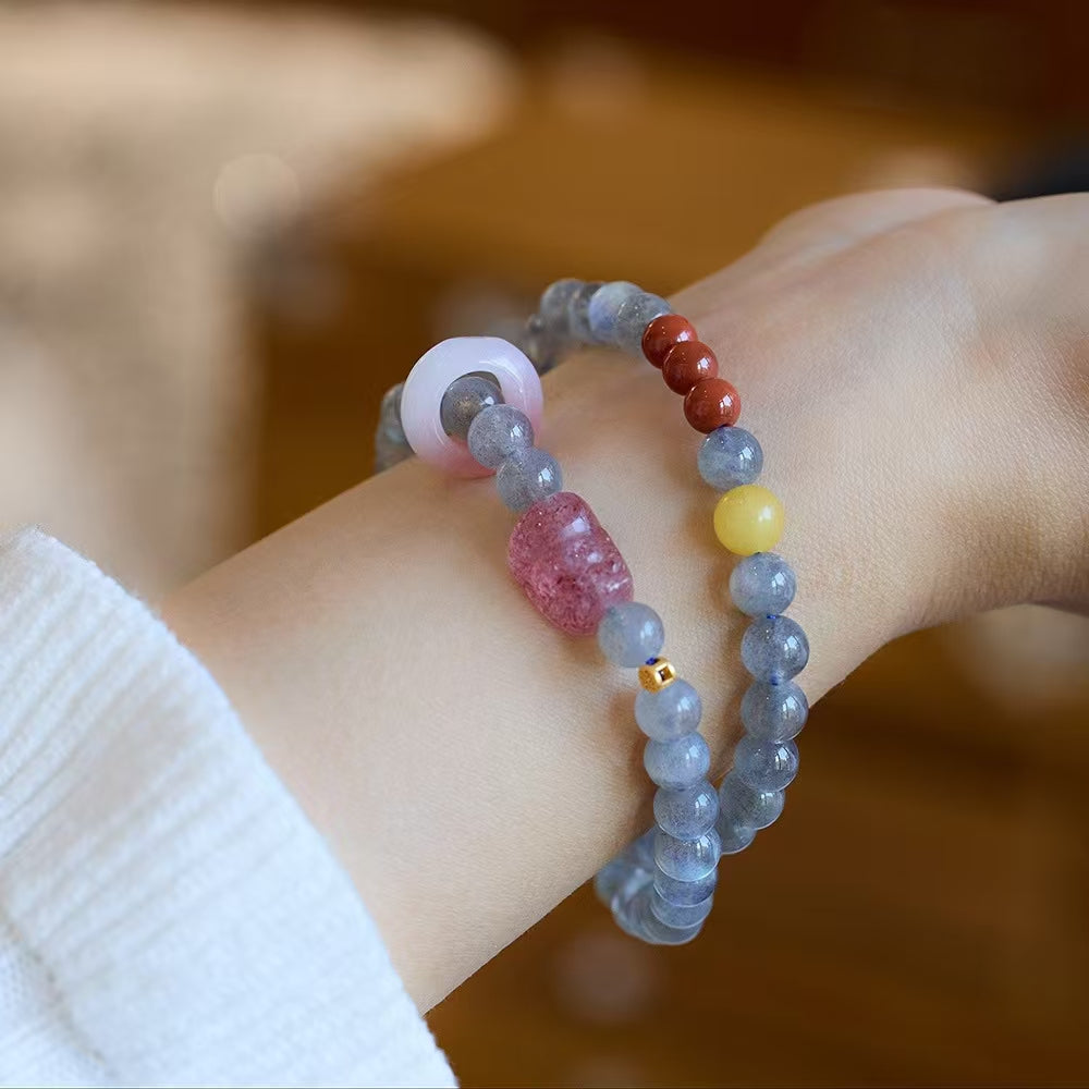 Strawberry Quartz Pixiu Moonstone Bracelet-Attract Luck