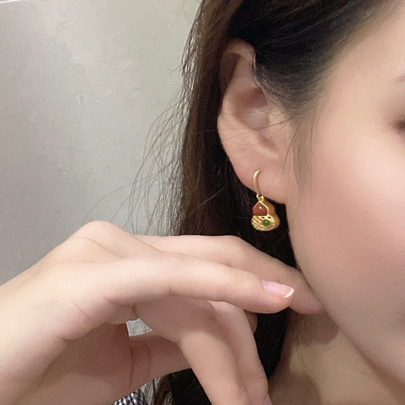 Gourd Red Agate  Drop Earrings-Wishes for Good Fortune