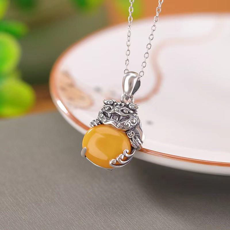 Pixiu Yellow Agate Silver Necklace -Balance and Prosperity
