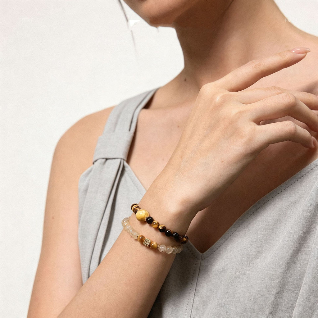 Tiger’s Eye & Golden Rutilated Quartz Double-Wrap Bracelet-Purposeful Courage