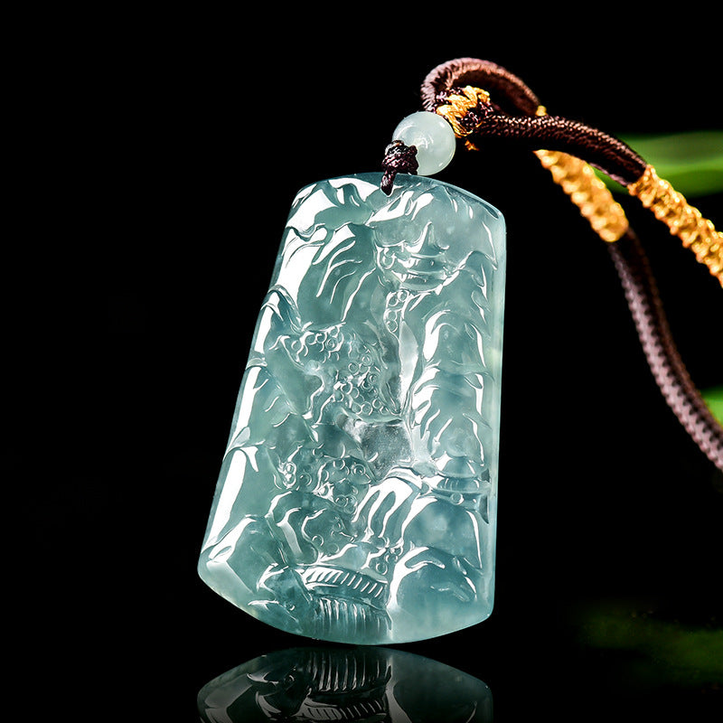 Blue Jadeite Landscape Pendant – Natural A-Grade Glutinous Variety Jade Carving