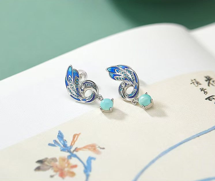 Enamel Phoenix Turquoise Silver Earrings-Protection and Luck