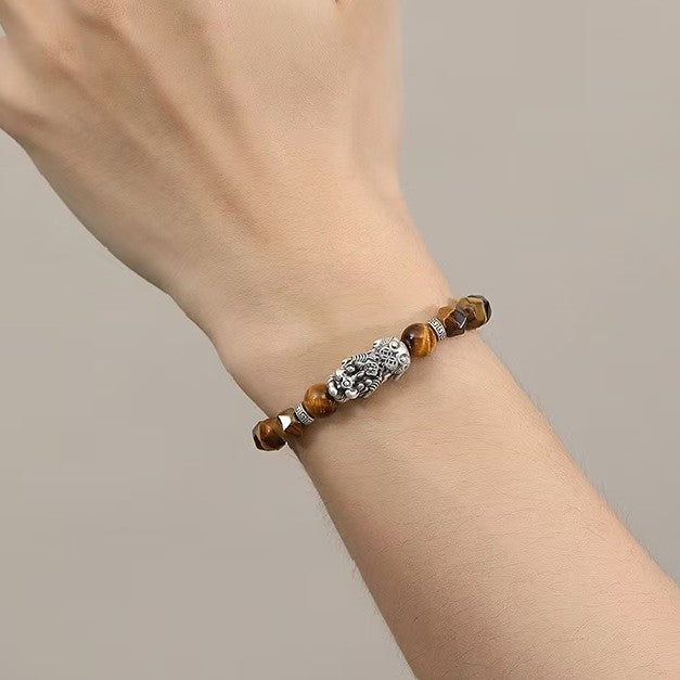 Tiger Eye Stone Silver Pixiu Bracelet -Attract Wealth