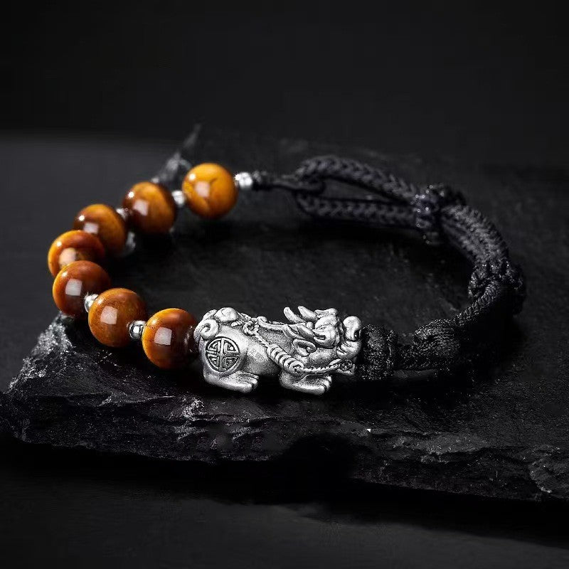 Silver Pixiu Yellow Tiger Eye Stone Bracelet -Attract Wealth