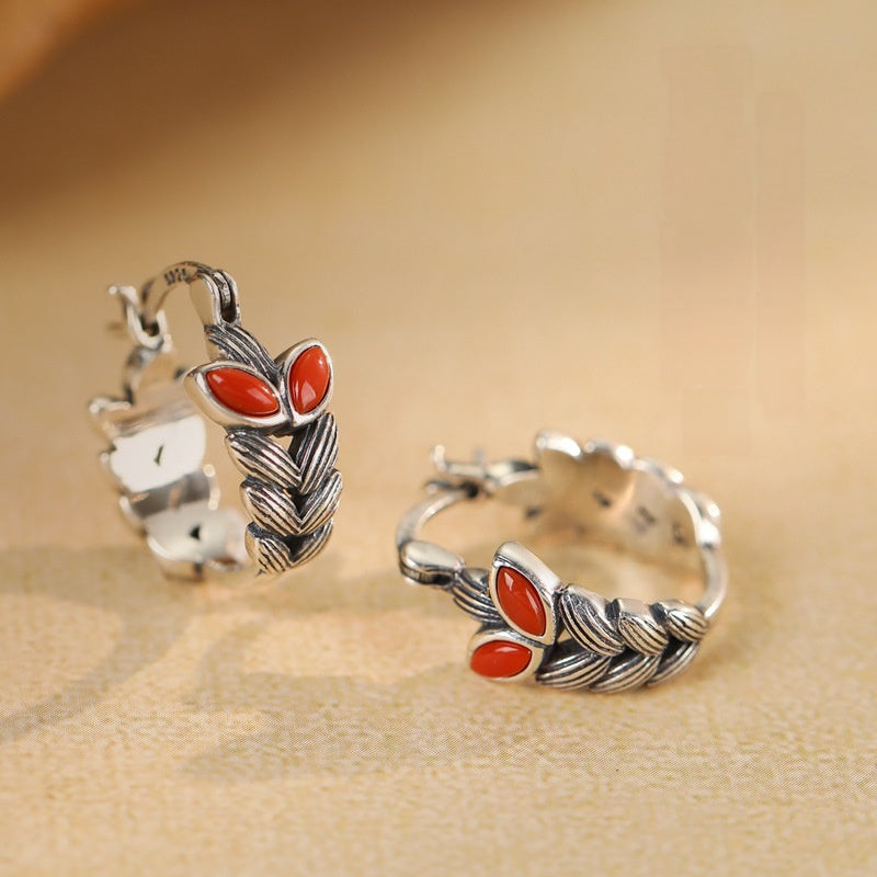 Abundant Harvest-Wheat Ear Red Agate S925 Silver Hoop Earrings