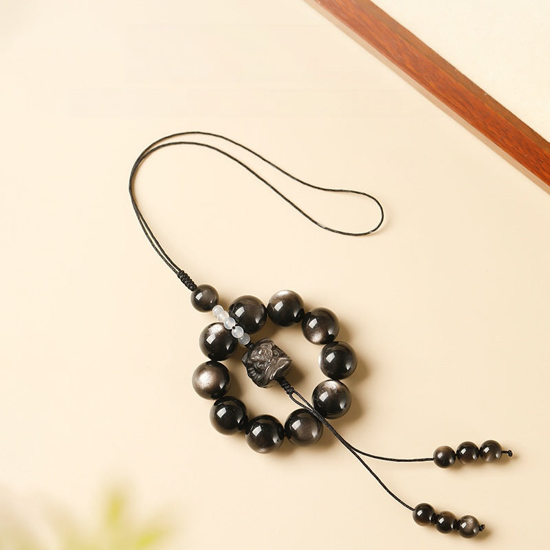 Silver Obsidian Lion Dance Car Charm-Safe Travels
