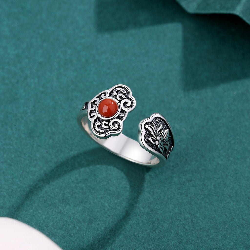 Graceful Auspicious Cloud-Lotus Inlaid Red Agate Silver Ring