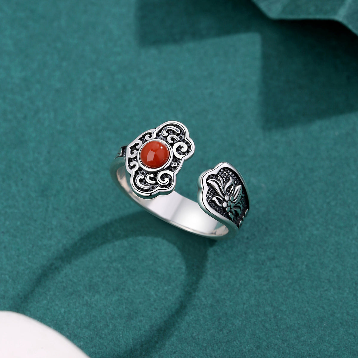 Graceful Auspicious Cloud-Lotus Inlaid Red Agate Silver Ring