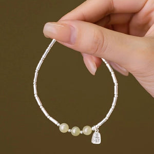 Jade Beads Bamboo Silver Bracelet-Good Fortune and Prosperity