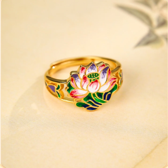 Delicate Bloom-Enamel Lotus Gold-Plated Ring