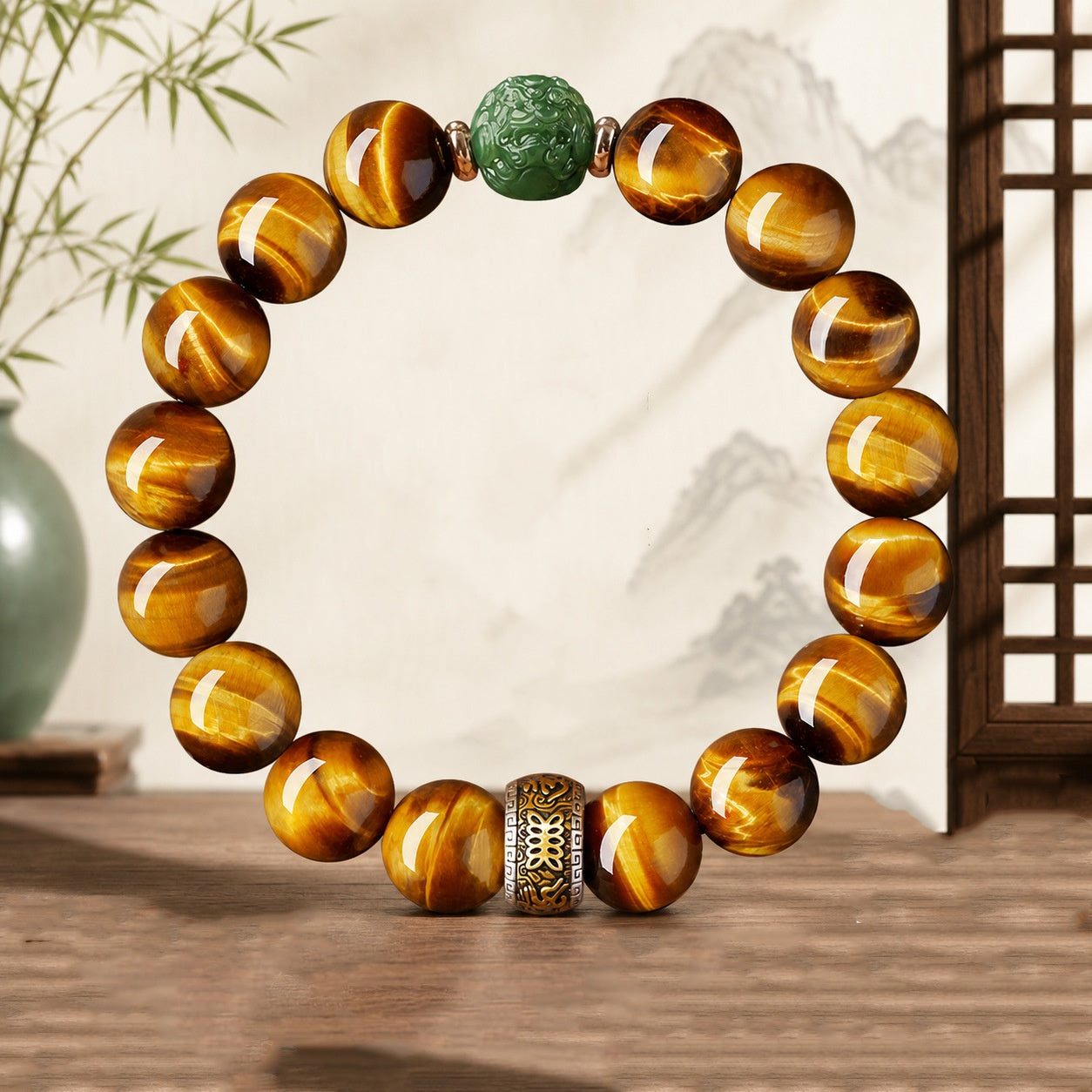 Steady Purpose-Nephrite Jade Pixiu Yellow Tiger's Eye Bracelet