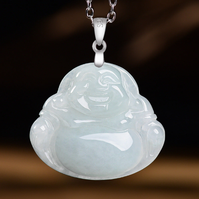 Joyful Serenity White Jade Laughing Buddha Pendant
