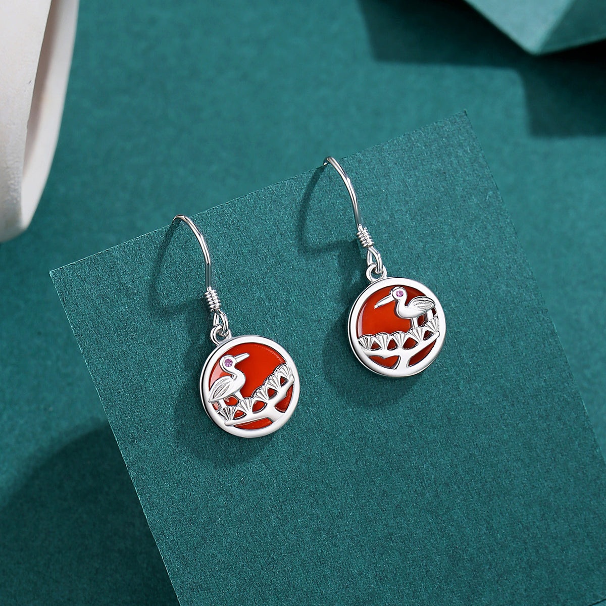 Crane Red Agate Sterling Silver Drop Earrings-A Wish for Long Life