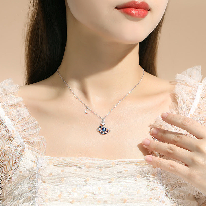 Saturn and Crescent Moon Sterling Silver Necklace-Deeply Devoted