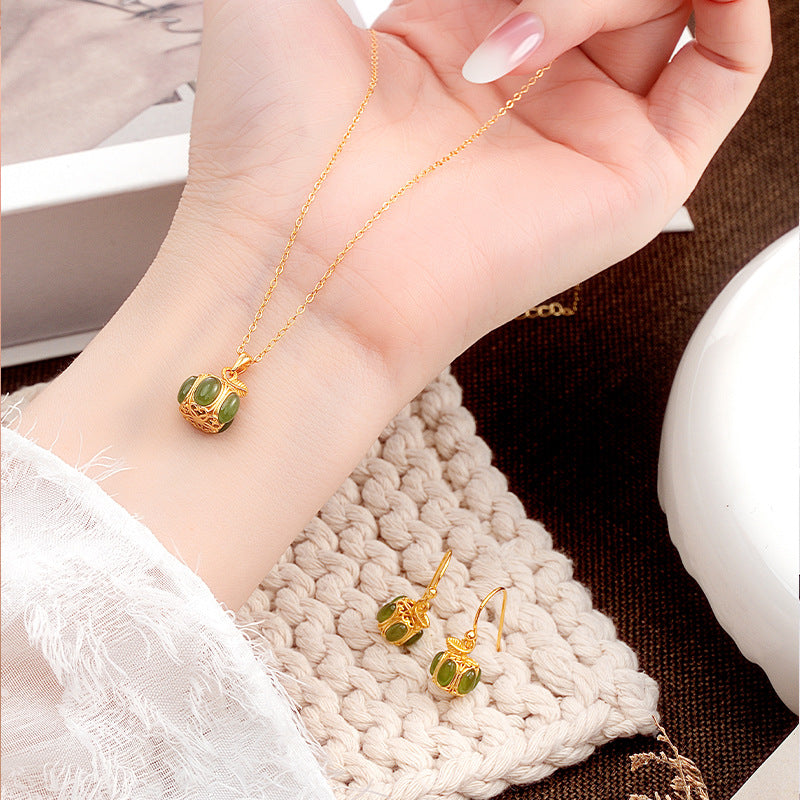 Fu Melon Nephrite Jade Necklace & Earrings-Good Wishes to Share