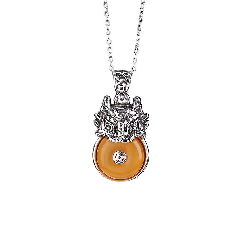 Zodiac Dragon Amber Silver Necklace-Luck Prosperity