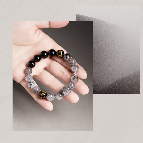 Six-Word Mantra Black Agate & Quartz Beaded Bracelet-Inner Calm
