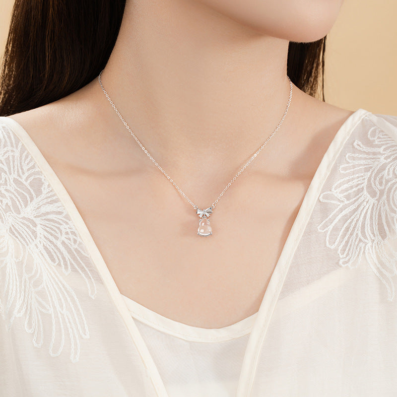 Gourd Jade Stone Silver Necklace-Blessings Tied Close