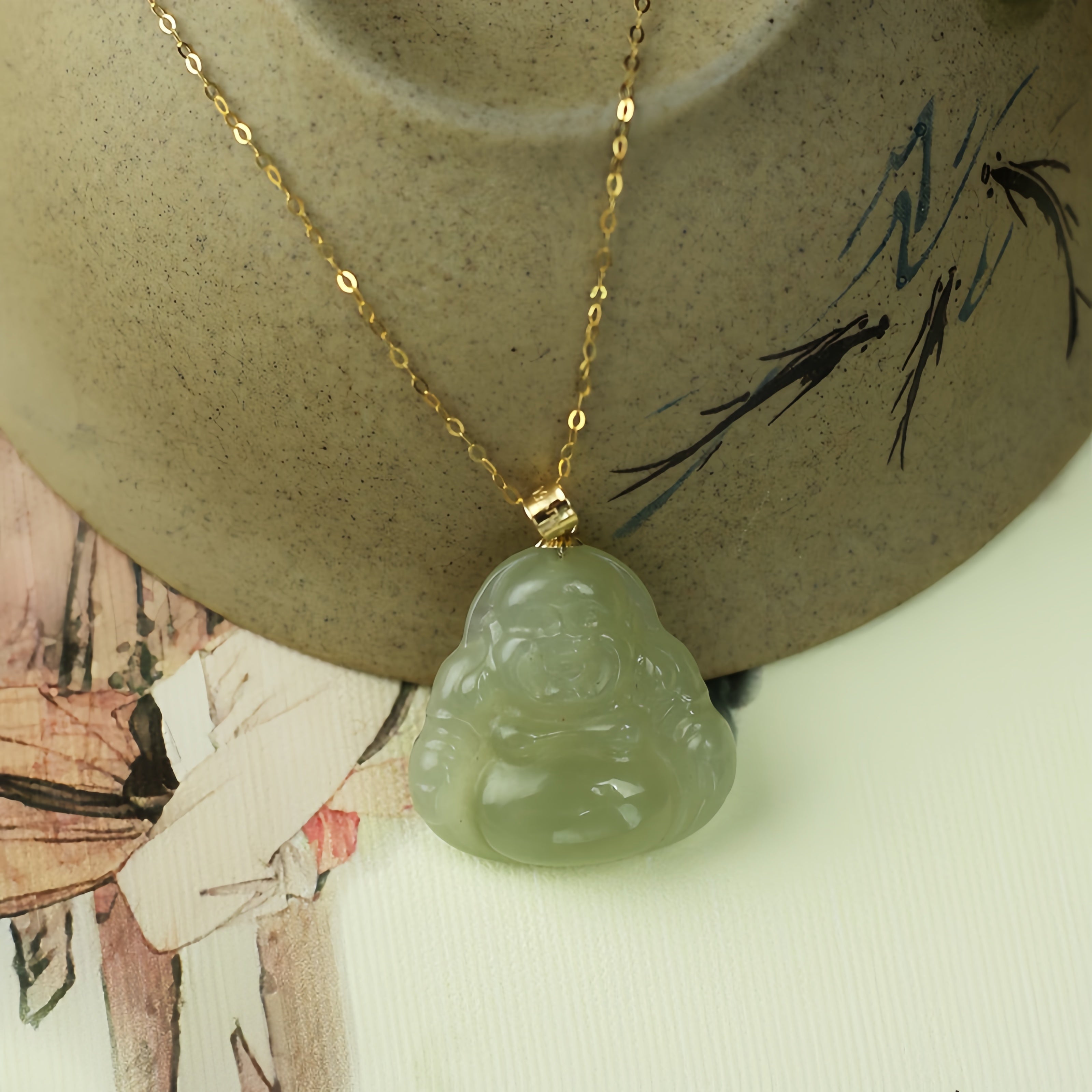 Laughing Buddha Peace & Abundance Hetian Jade Pendant Necklace