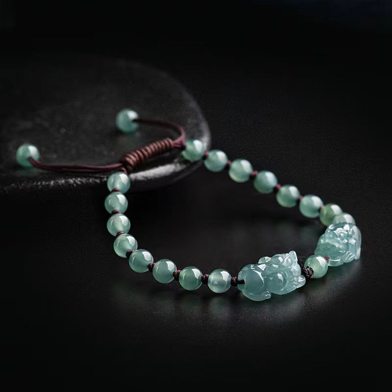 Double Pixiu Wealth Bracelet-Natural Ice Jade
