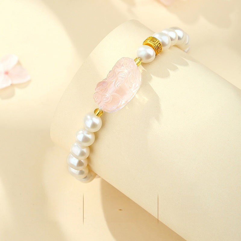 Rose Quartz Pixiu Bracelet with Pearls – 925 Silver Fortune & Peace Charm
