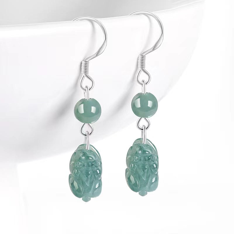Pixiu Lucky Earrings-Natural Ice Jade/Pi Yao