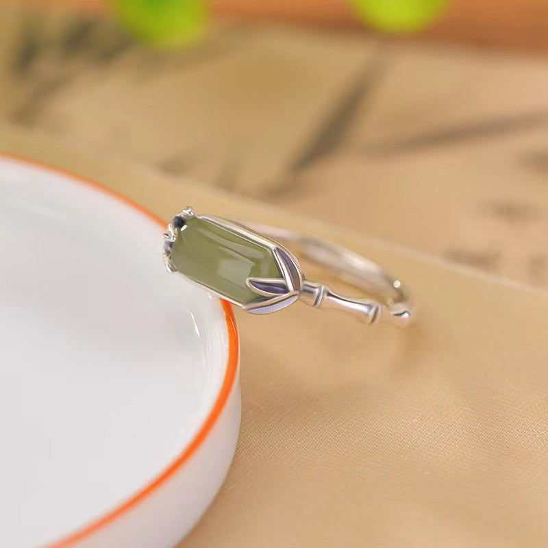 Natural Jade Bamboo Silver Ring-Prosperity Longevity