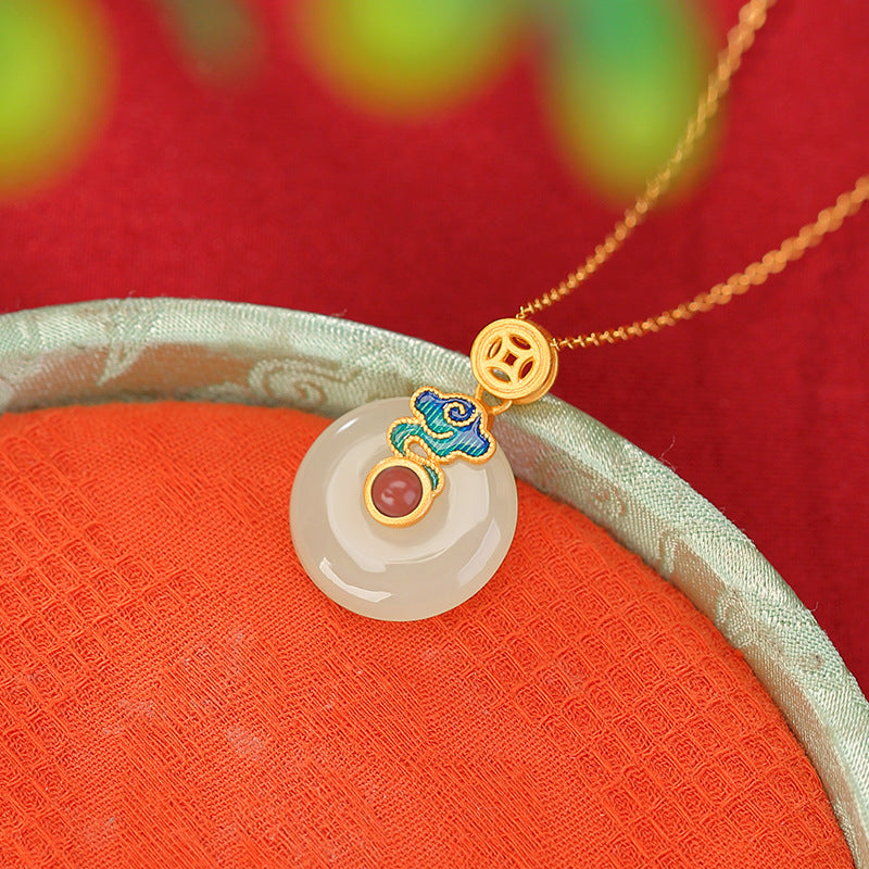 Fortune in the Clouds-White Nephrite Jade Coin Pendant Necklace