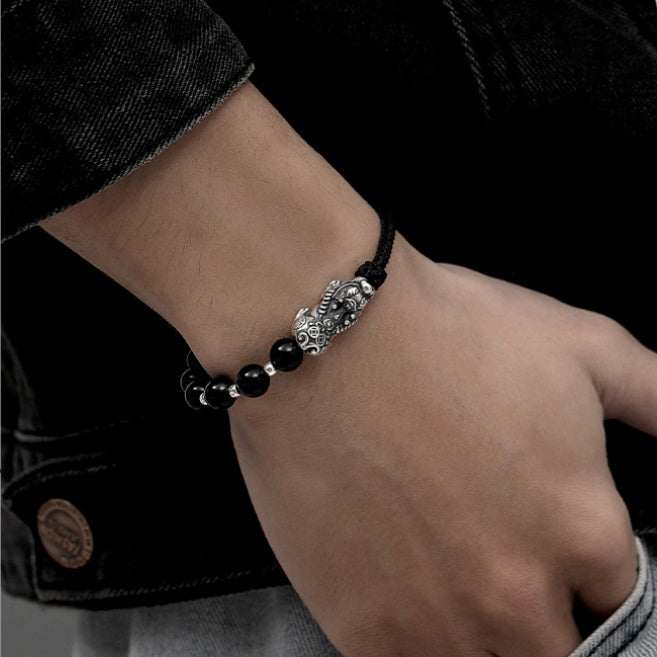 Wealth and Blessing-Pixiu Fine Silver and Obsidian Braided Bracelet
