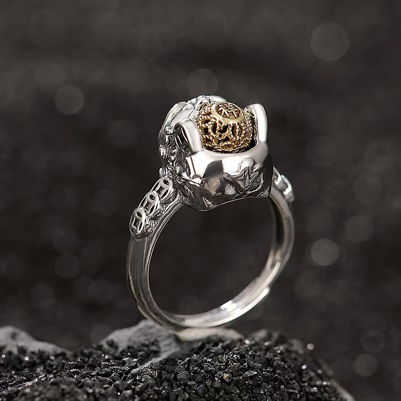 Rotating Ball Silver Pixiu Ring-Attract Luck