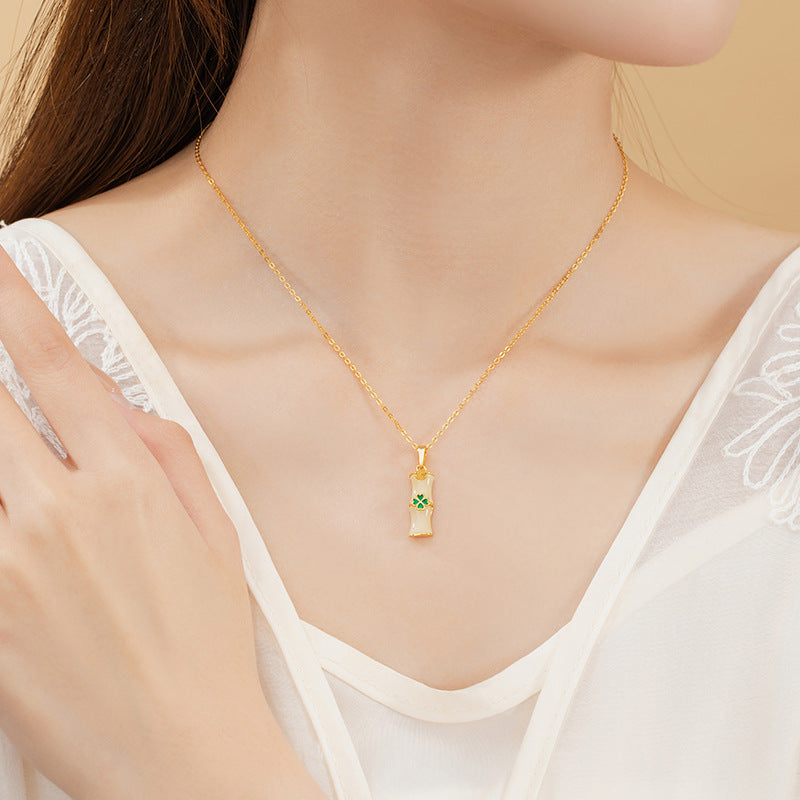 A Wish for Peace and Happiness-Bamboo Clover Nephrite Jade Necklace