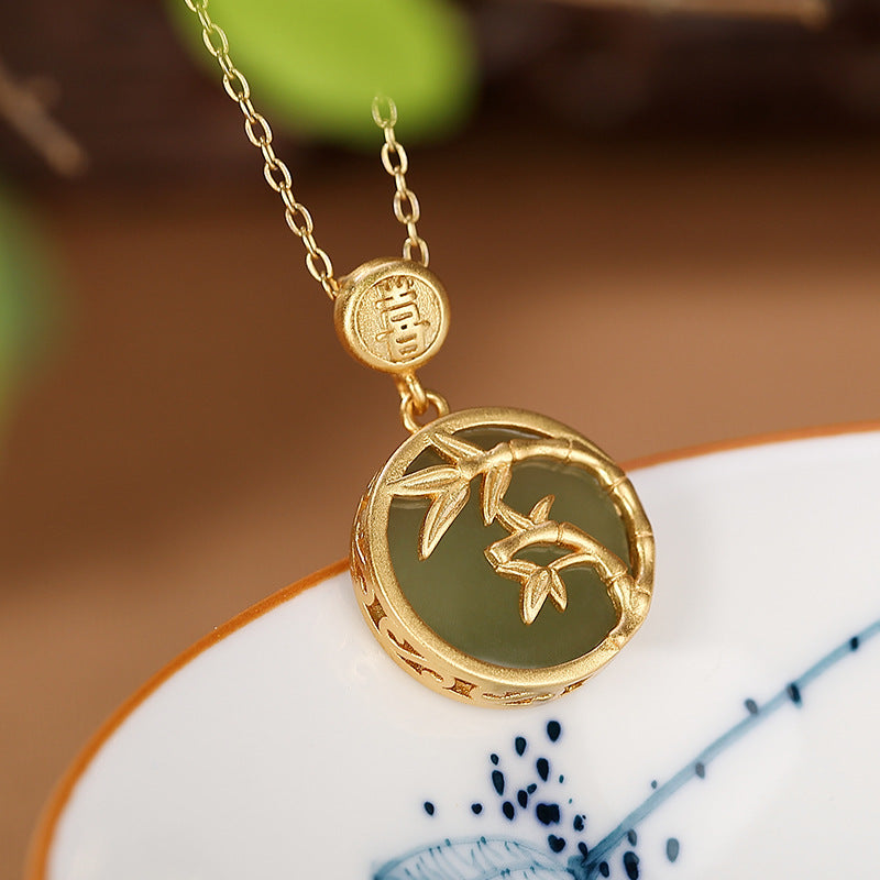 Natural Hetian Jade 925 Silver Bamboo Pendant Necklace