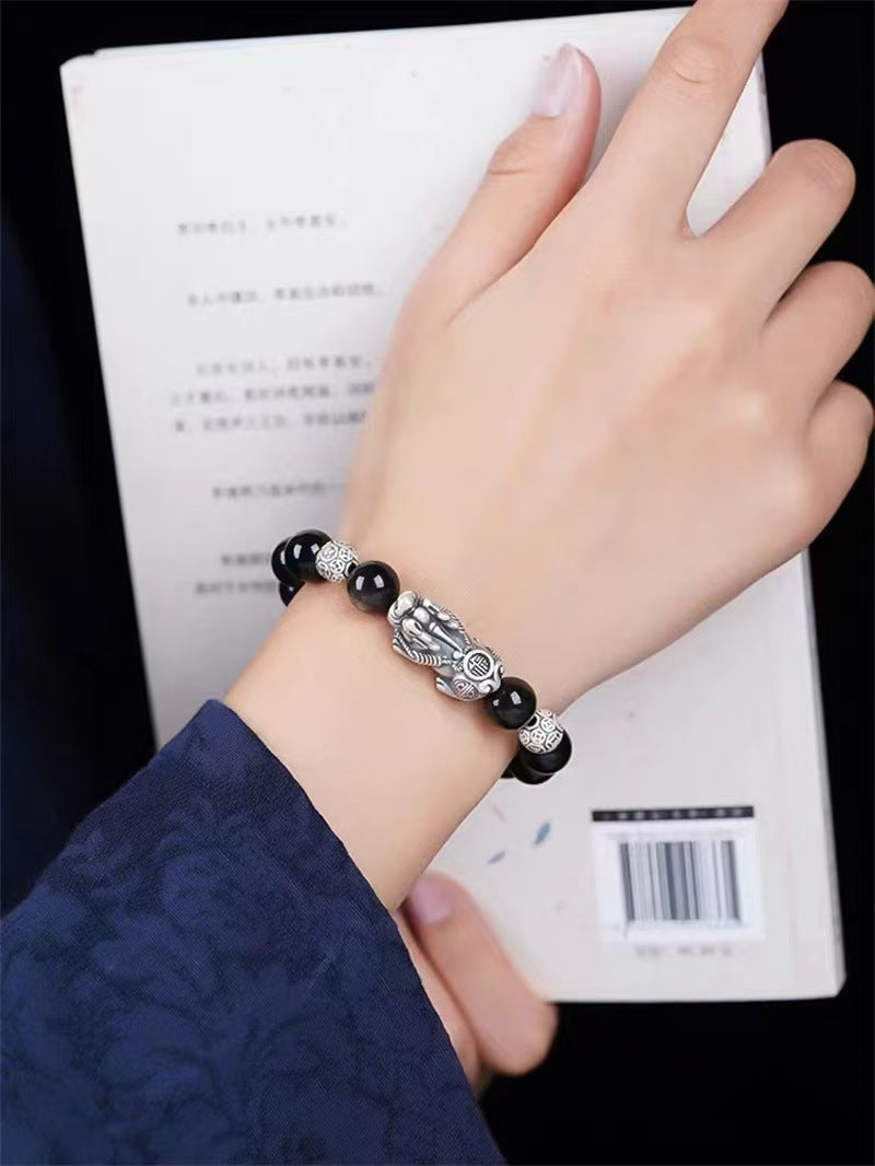 Silver Pixiu Gold Obsidian Bracelet -Attract Wealth