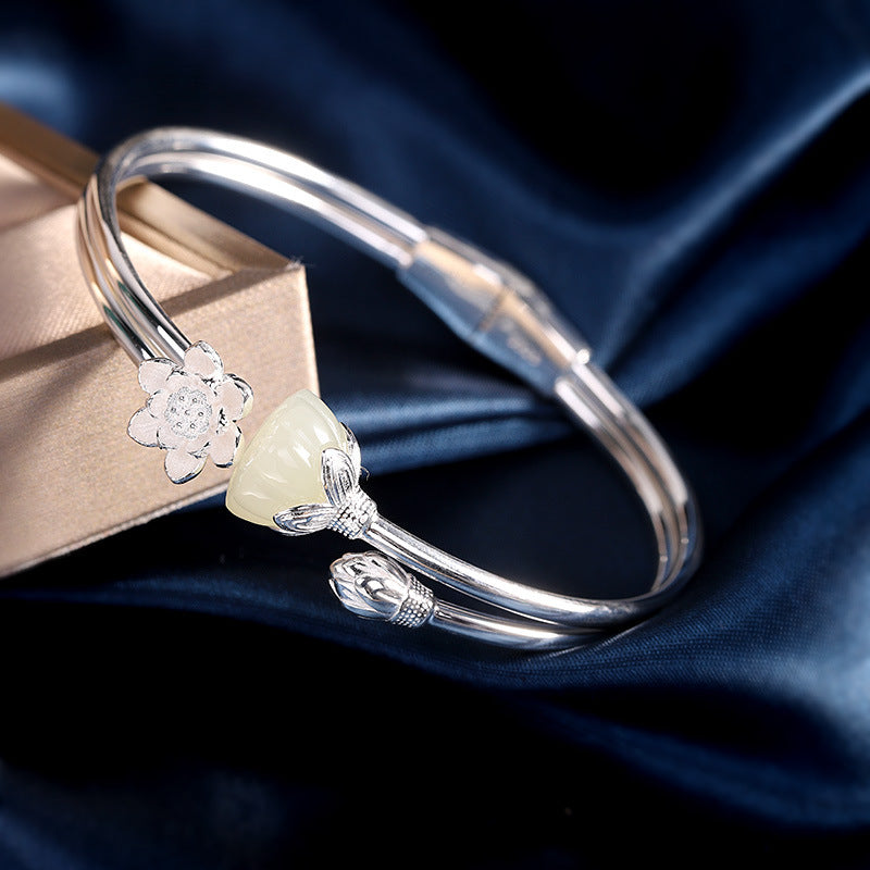 Quiet Renewal-Jade Lotus 925 Sterling Silver Bangle