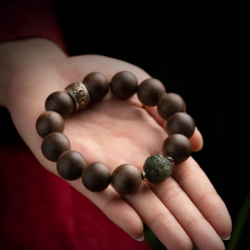 Agarwood Bracelet with Hetian Jade Pixiu & Mantra Bead-Steady Fortune