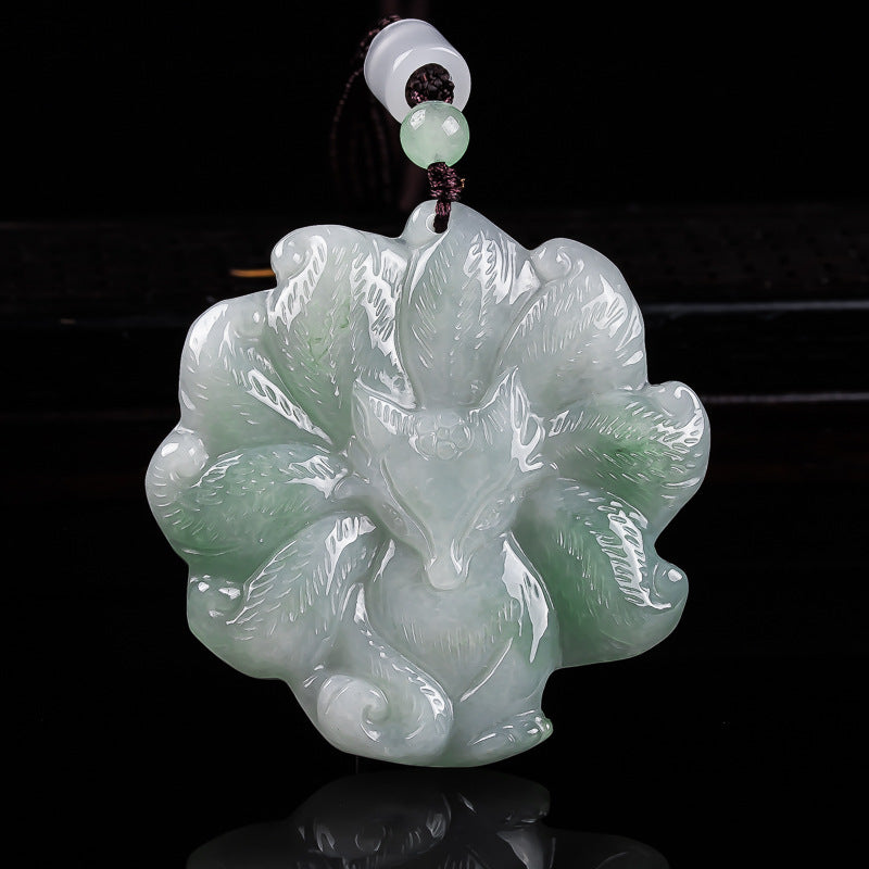 Nine-Tailed Fox Natural Blue Jadeite Pendant – Genuine A Jade Necklace in Glutinous Variety