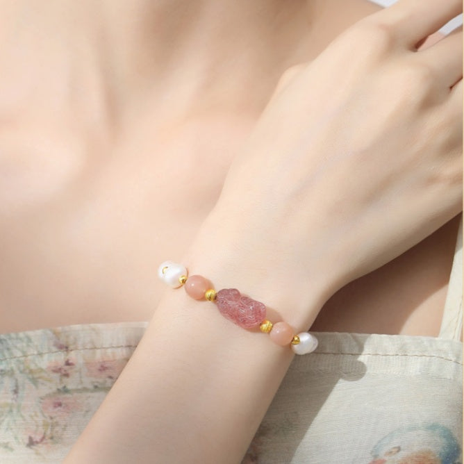 Pixiu Strawberry Quartz Sunstone Freshwater Pearl Bracelet-Joyful Blessings