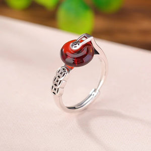 Red Amber Wealth Coin Silver Ring-Luck Prosperity